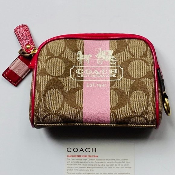 COACH Pink Heritage Stripe Cosmetic Case NWOT